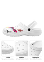 Close-up side panel view of white neon moth slippers with comfort strap