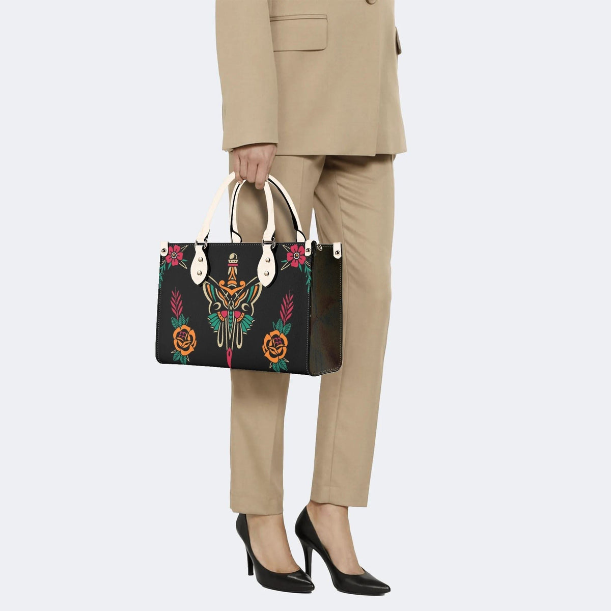 Sword And Moth Print - Leather Handbag