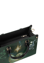 Top view of gothic bag showing zippered compartments and black lining