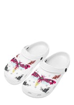 Front angle of white neon moth clogs with detailed line accents