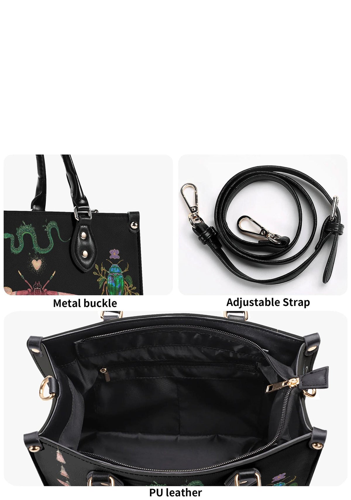 Closeup of metal buckle, adjustable strap, and PU leather interior of gothic handbag