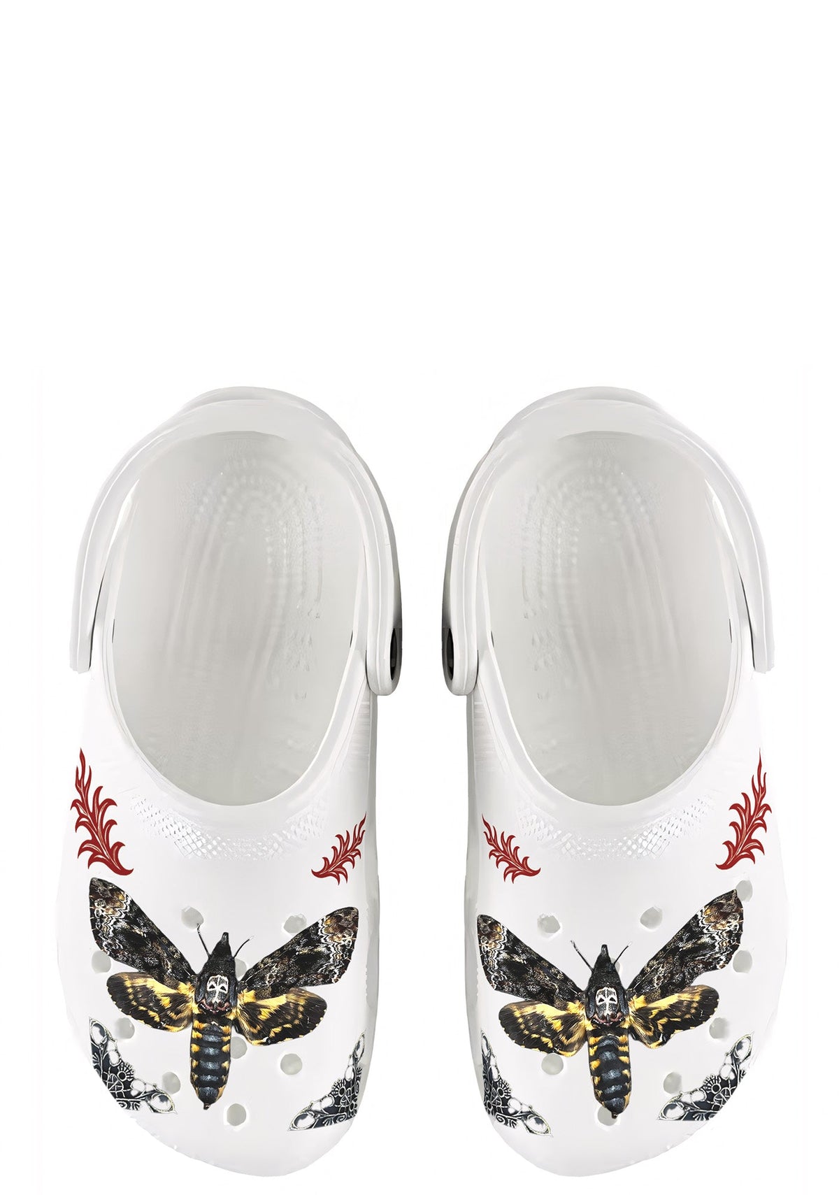 White Death Flame slippers with gothic red flames and death moth design, top view