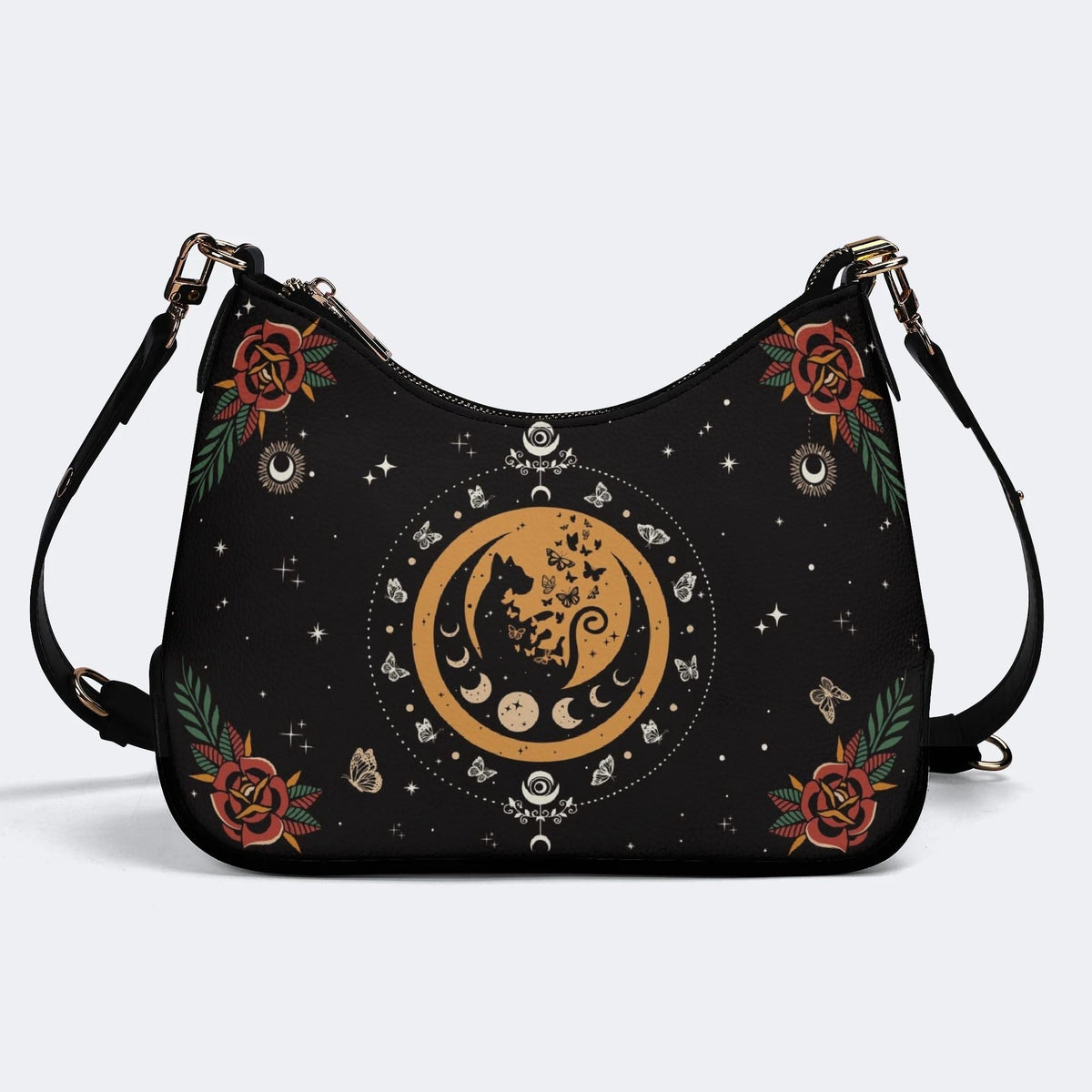 Dark Retro Moon Cat And Moth Print - Leather Crossbody Bag