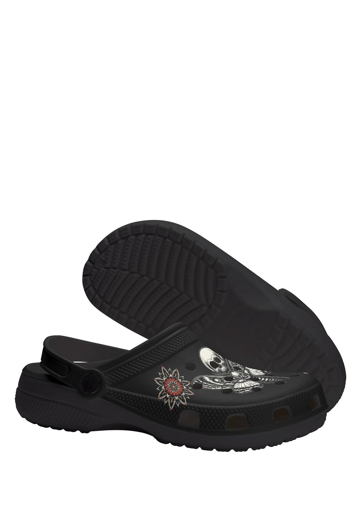 Bottom and sole detail of black tattoo slippers with skull moth design