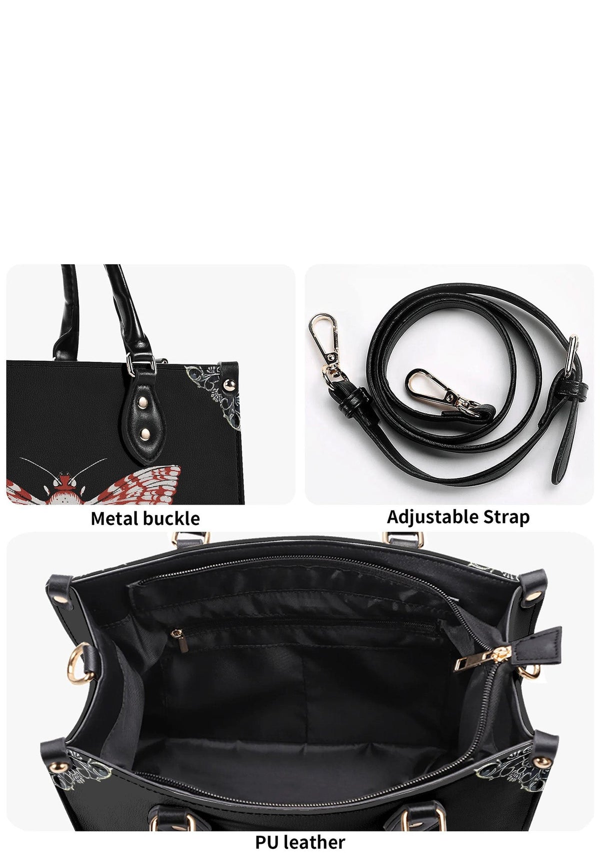 Close-up of PU leather texture, metal buckle, and adjustable strap of the goth moth handbag