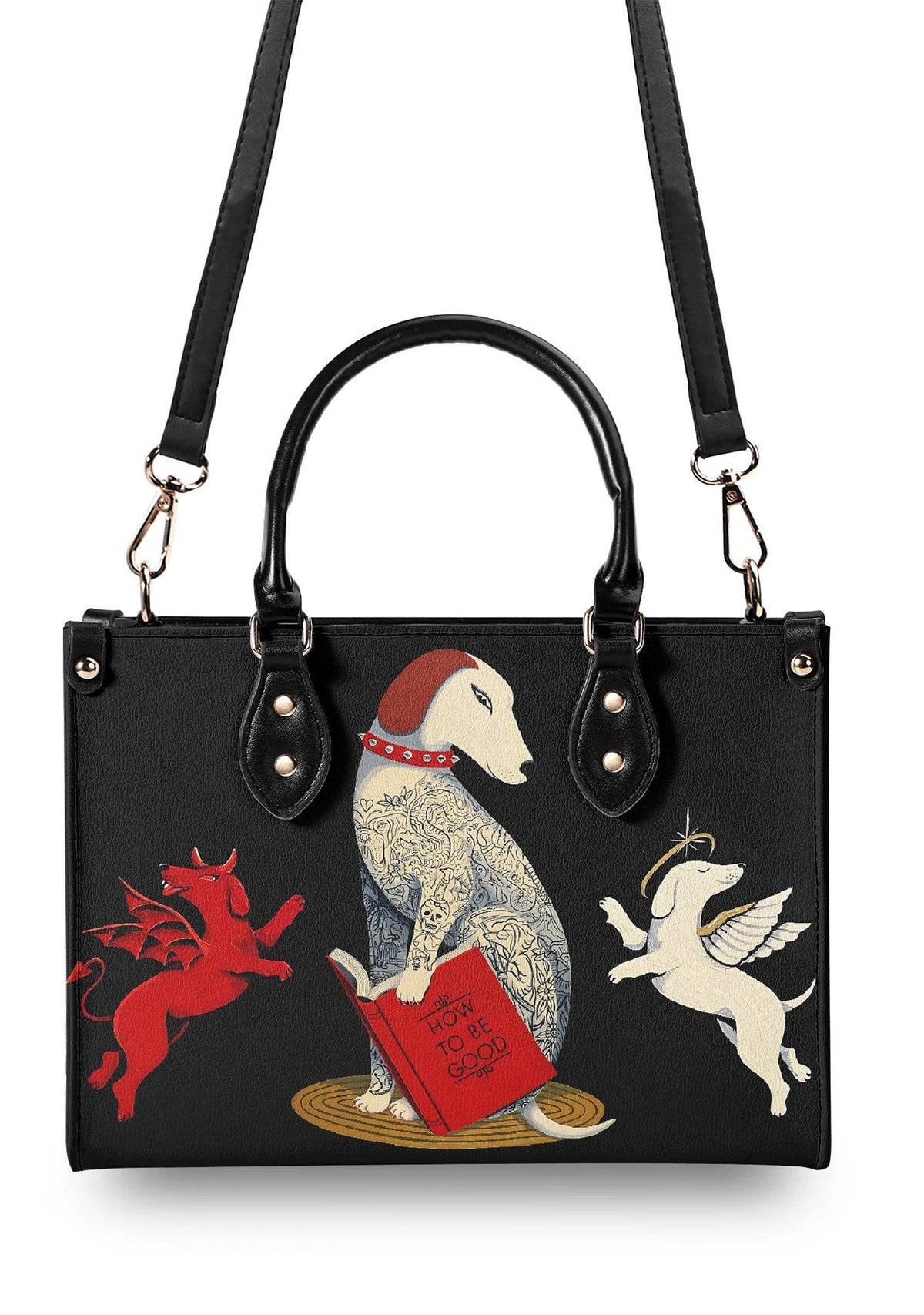 Tattoo-style dog print with dramatic angel vs demon theme