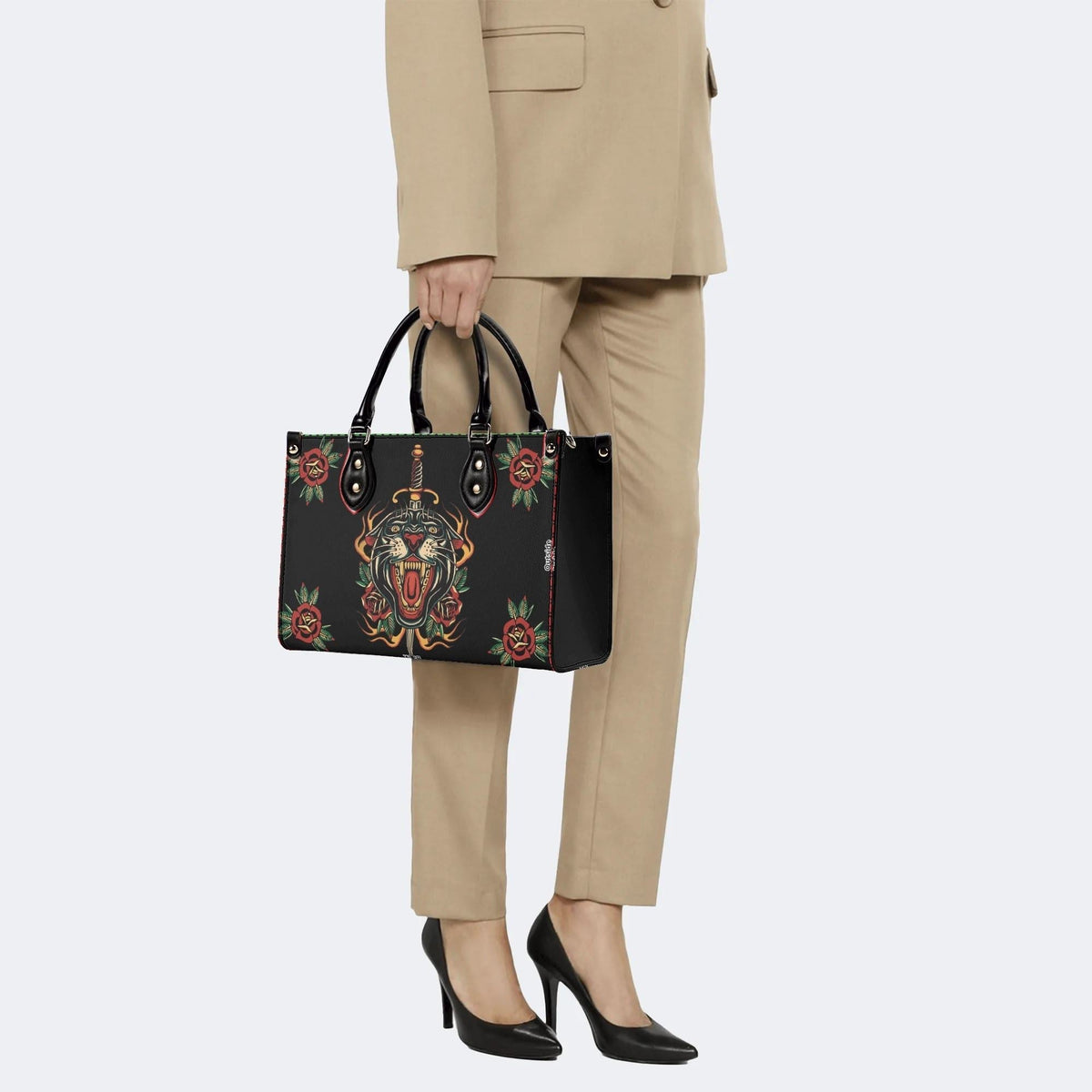 Fire Tiger Traditional Tattoo Print - Leather Handbag
