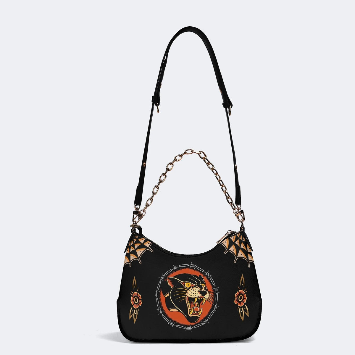 Vintage Black Panther With Flowers - Leather Crossbody Bag