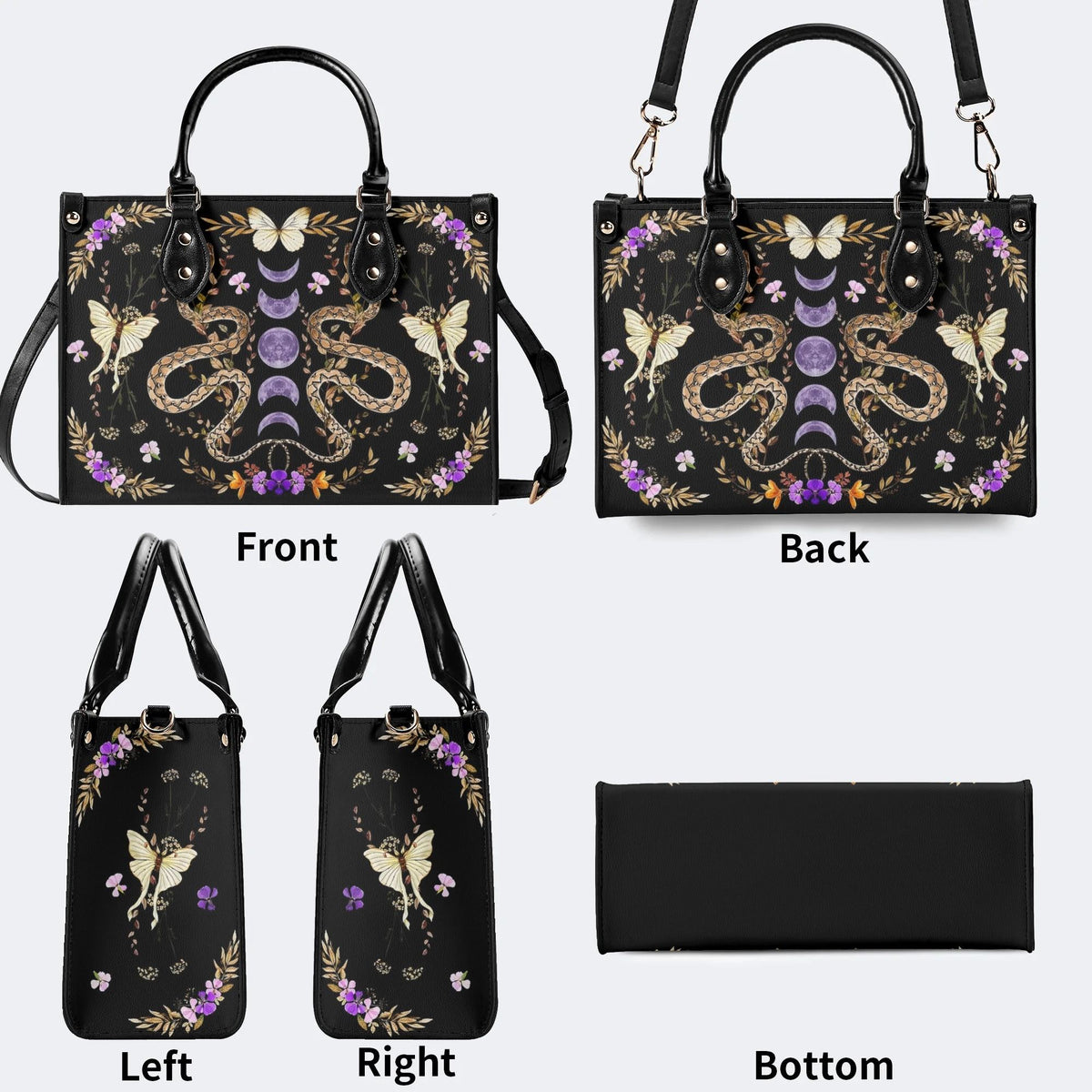 Vintage Moth And Snake Print - Leather Handbag