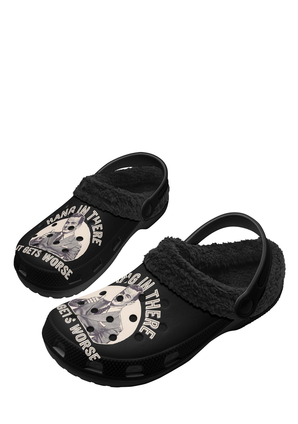 Side view of black fleece slippers with retro graphic text