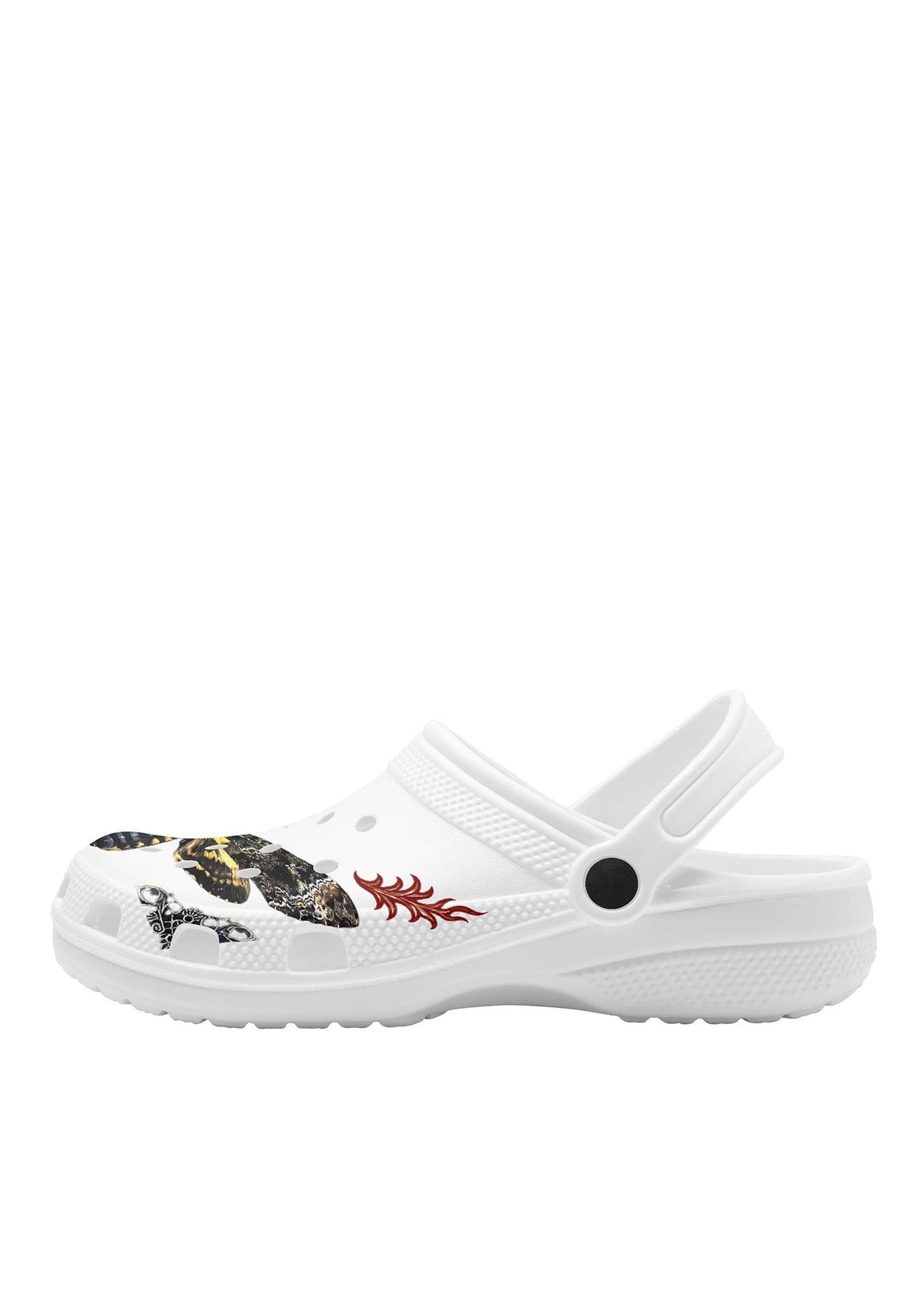 Side view of white gothic slippers with red flame and black moth tattoo graphics