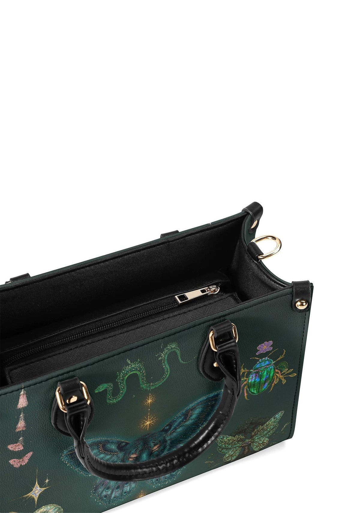 spacious handbag interior with zip compartments and adjustable strap, black lining
