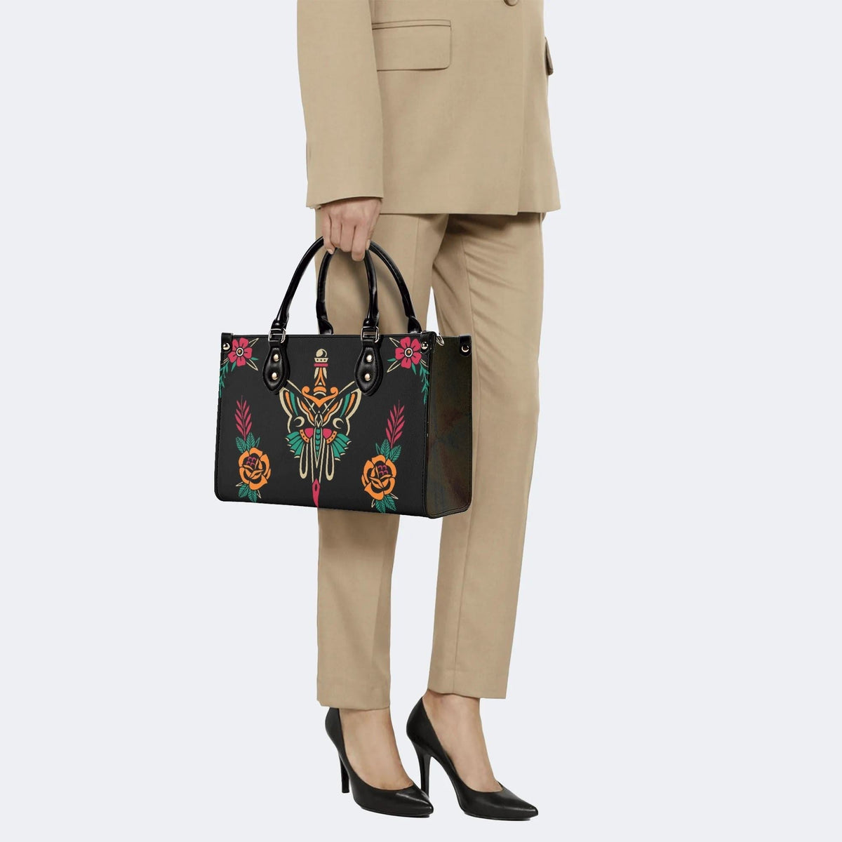 Sword And Moth Print - Leather Handbag